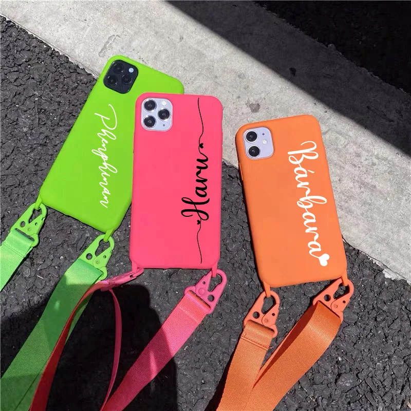 Custom Name Logo Picture TPU case with Sling for iphone13 12 11 Pro Max 7 8 6 6s Plus X XR XSMax Cover Shoulder Strap Soft Cases