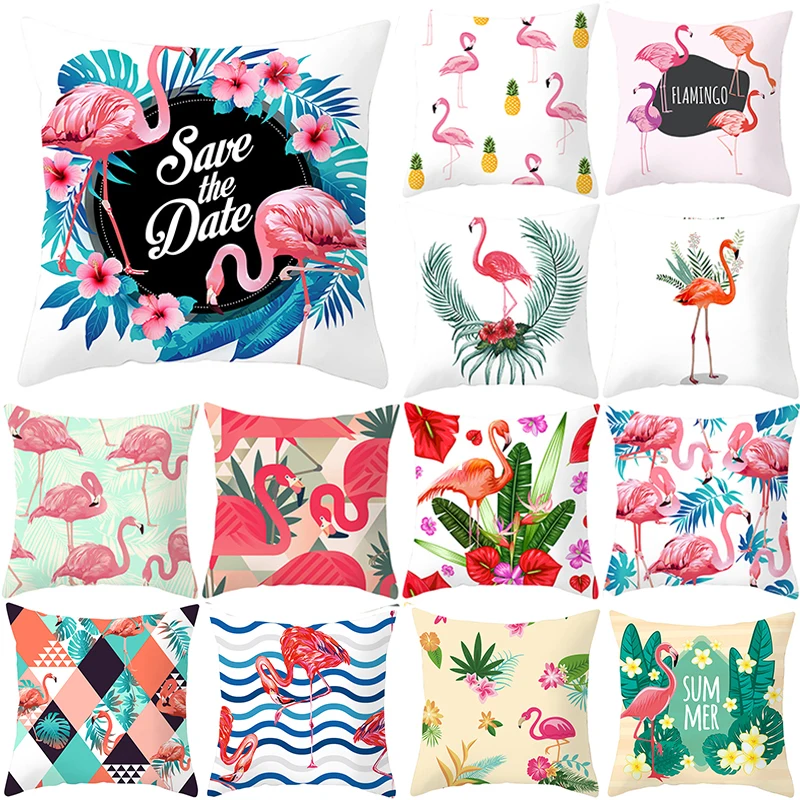 Фламинго Декоративная Подушка Чехол летние тропические растения зеленые листья