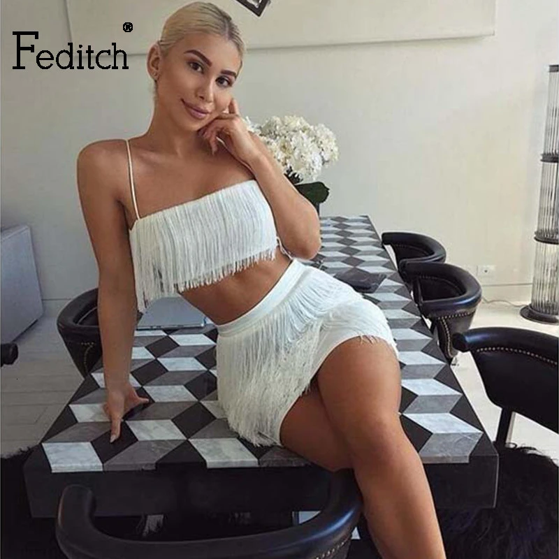 White Feditch/сексуальное женское платье с v-образным вырезом и кисточками на бретельках, без рукавов, летние белые и черные вечерние платья, элегантные Клубные платья - Цвет: White