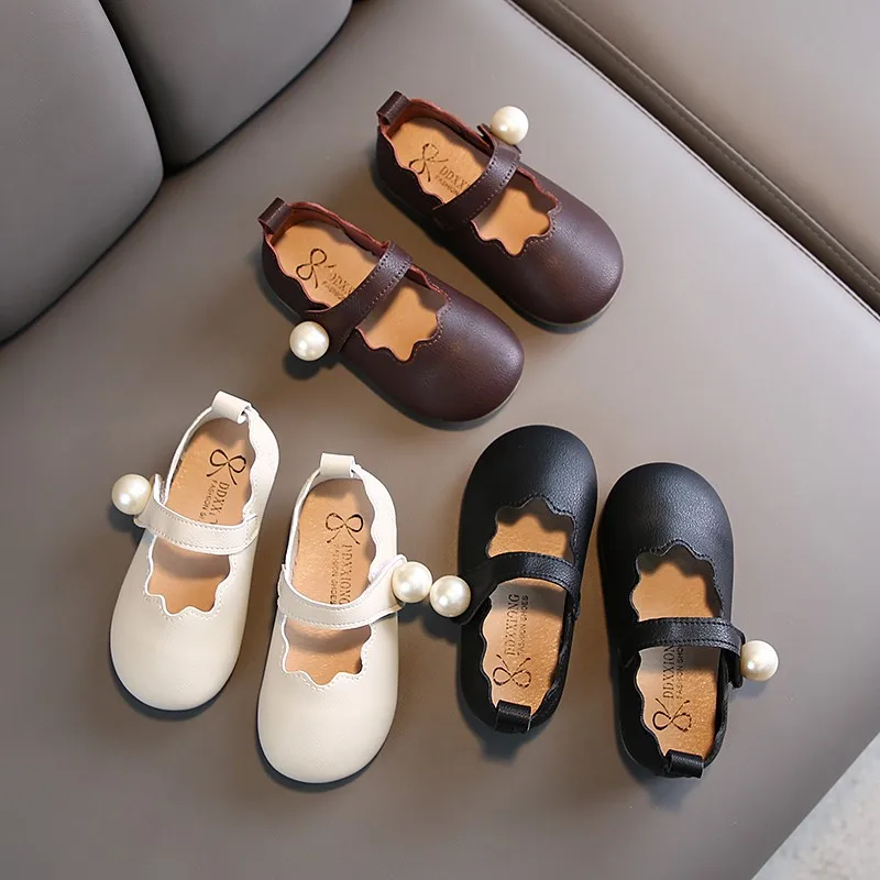 Spring Autumn Girls Princess Shoes Pearl Mary Janes Leather Kids Flats Baby Girl Single Toddlers White Black 1-6y |