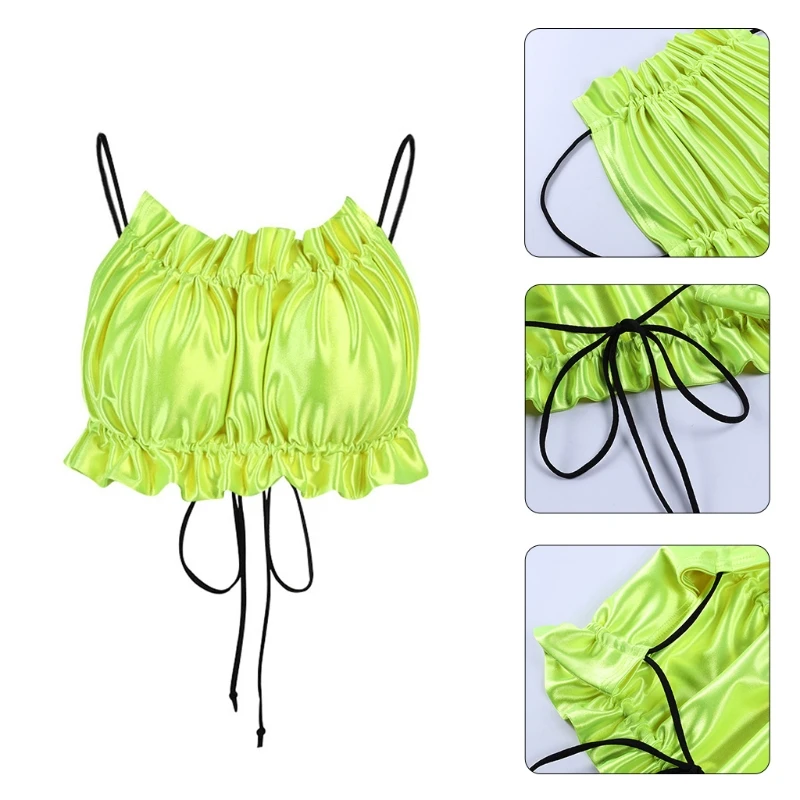 

KLV Women Sexy Spaghetti Straps Ruffles Crop Top Satin Shiny Solid Color Ruched Camisole Tied Backless Vest Bustier Bralette