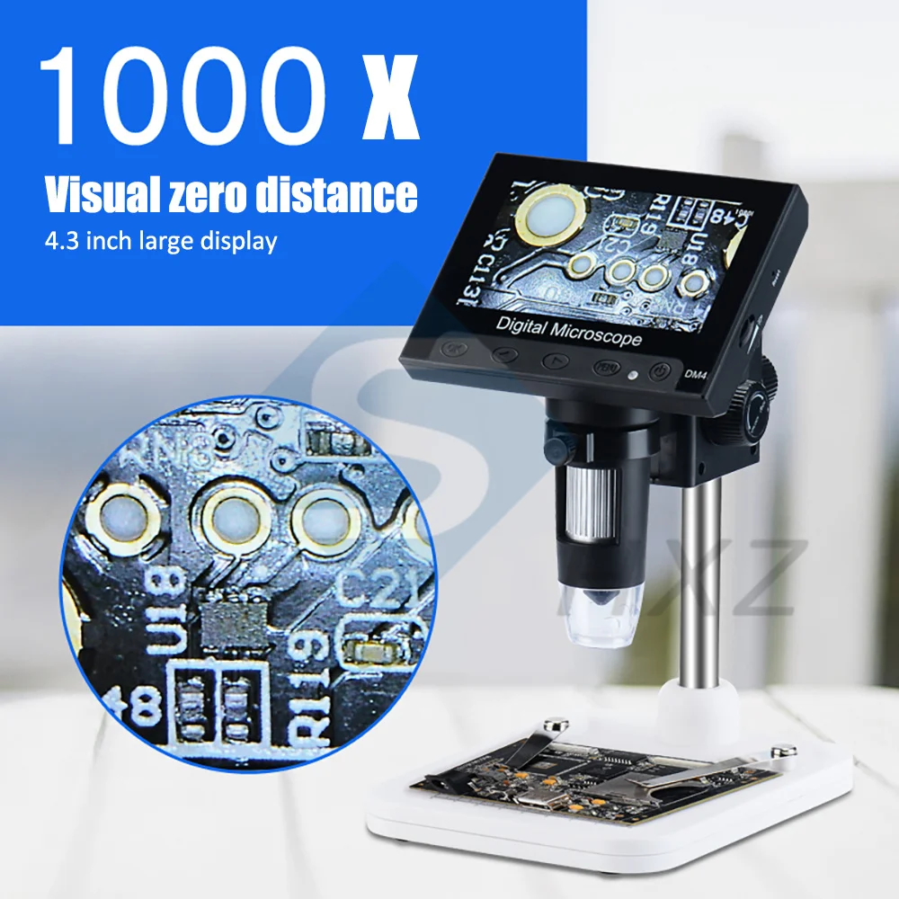 

1000x 2.0MP USB Digital Electronic Microscope DM4 4.3"LCD Display VGA Microscope with 8 LED Stand for PCB Motherboard Repairing