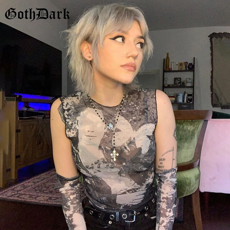 Goth Dark сетчатые готические модные летние футболки для женщин гранж панк E girl