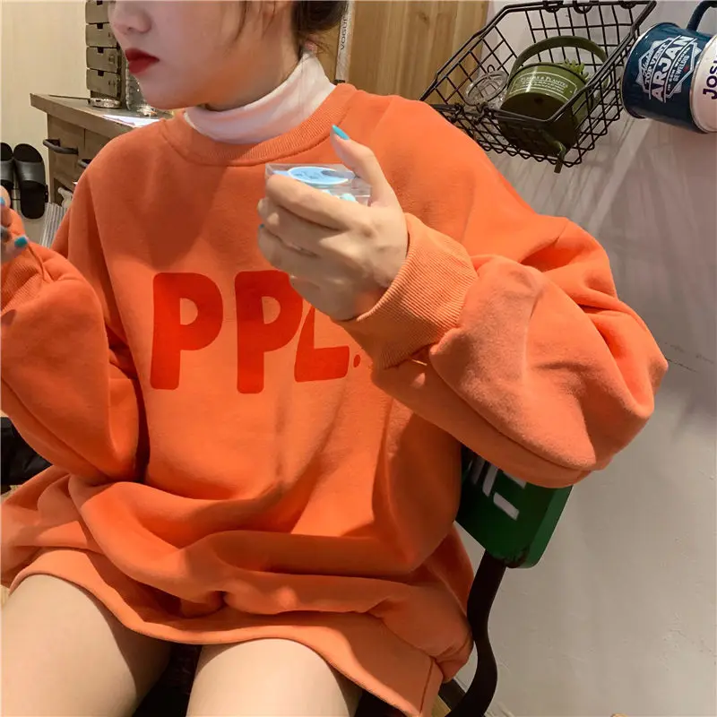 

No Hat Hoodies Women Letters Print Round Neck Outwear Students Womens Korean Style Daily Leisure Simple Ulzzang Fashionable Chic