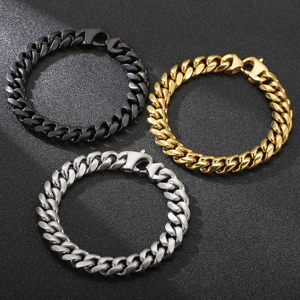

12mm/15mm Punk Hiphop Miami Gold Curb Cuban Chain Bracelets Men Women Stainless Steel Fashion Simple Bangle Jewelry