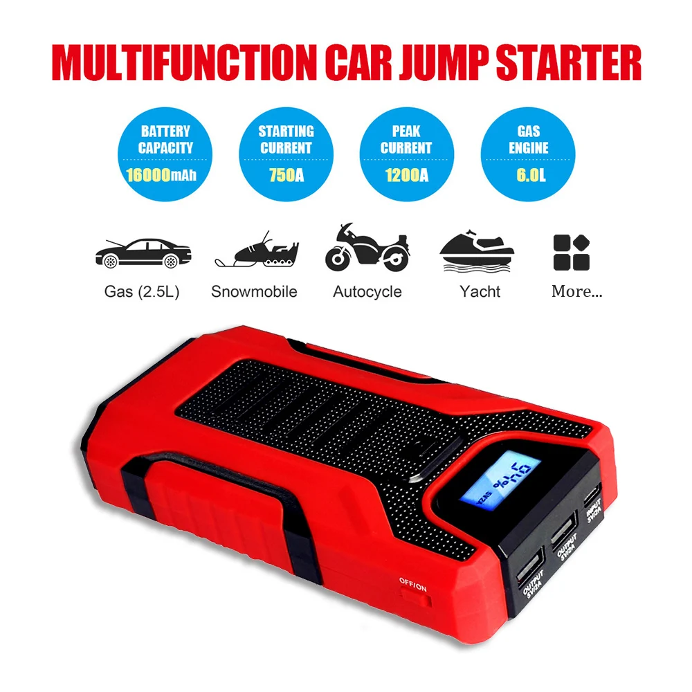 

Multifunction 1200A Car Jump Starter 12V Portable Power Bank Car Battery Booster Charger Booster Starting Device Cables 16000mAH