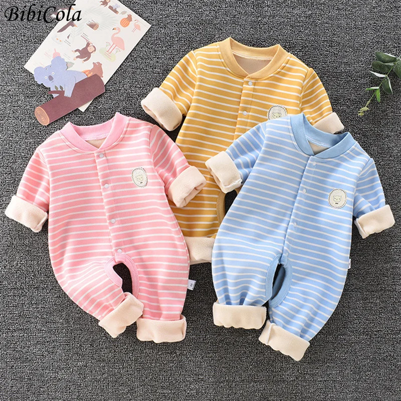 

BibiCola Winter Unisex Baby Clothes Warm Velvet Stripe Newborn Rompers Cartoon Print Long Sleeve Infant Pajamas Overalls