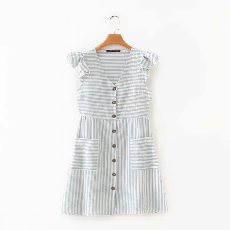 2020 для женщин в винтажном стиле с рукавом бабочкой полоску принтом мини платье