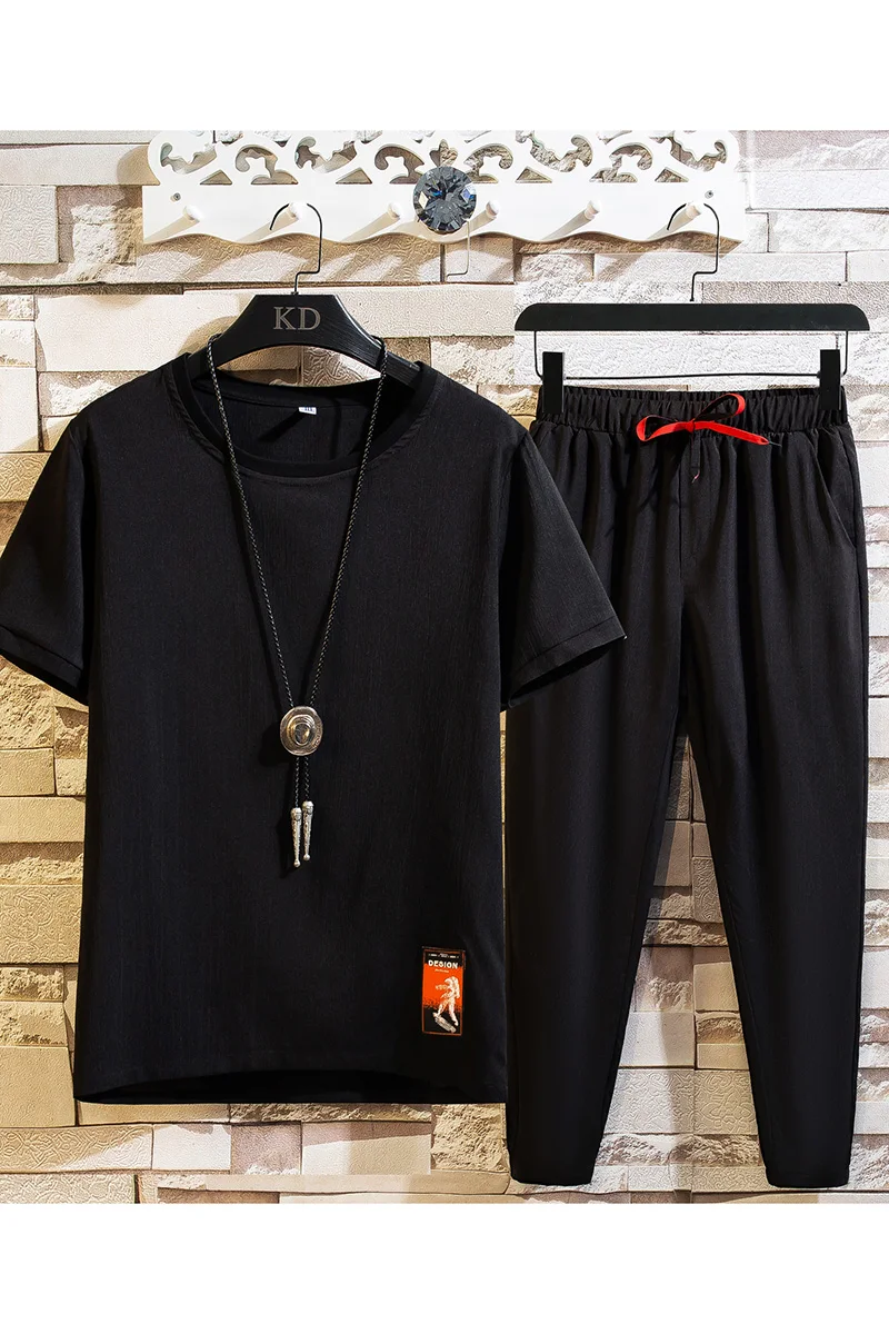 

Solid Color Men's Set Summer Men Tracksuit Jogging Sportswear T-Shirt+Cropped trousers 2PCS Casual Short Sleeve Mens Clothing