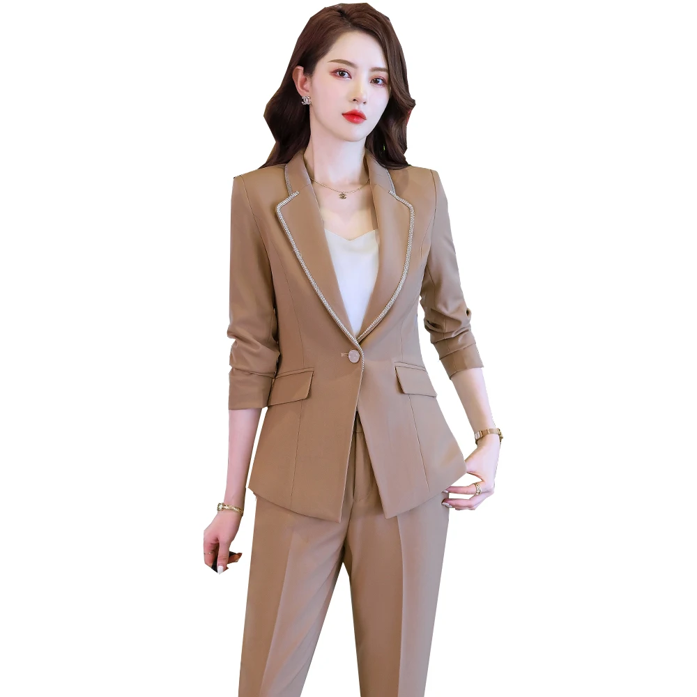 2021 New Black White Khaki Pant Suit Women Office Ladies Jacket Blazer And Trousers Female Business Formal Work Wear 2 Piece Set