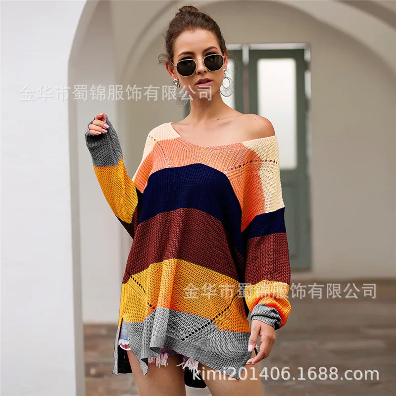 

2020 Oversized Rainbow Women Sweaters Casual Sexy Fashion Patchwork Winter Sweaters