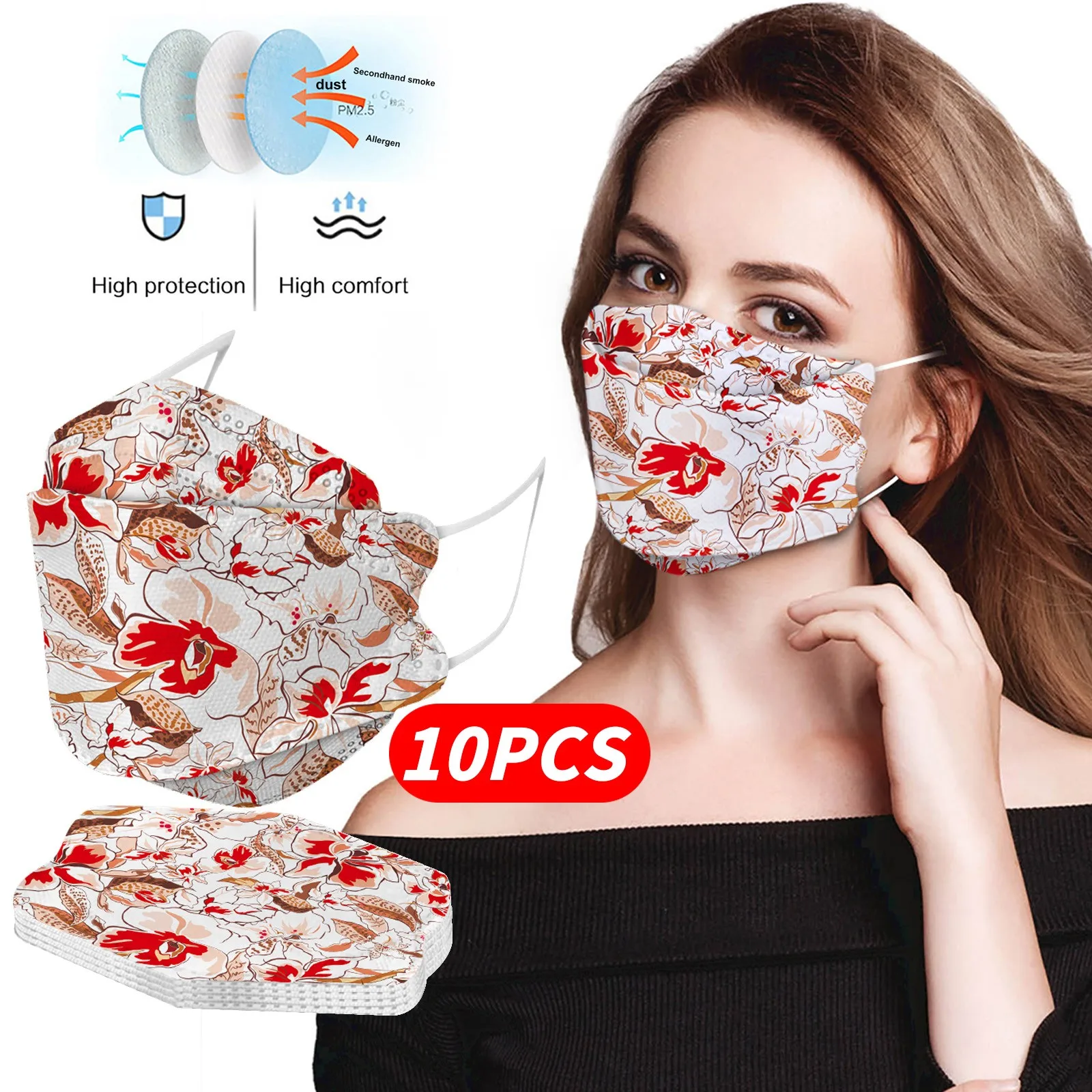 

10 шт., одноразовые маски для лица с цветочным принтом