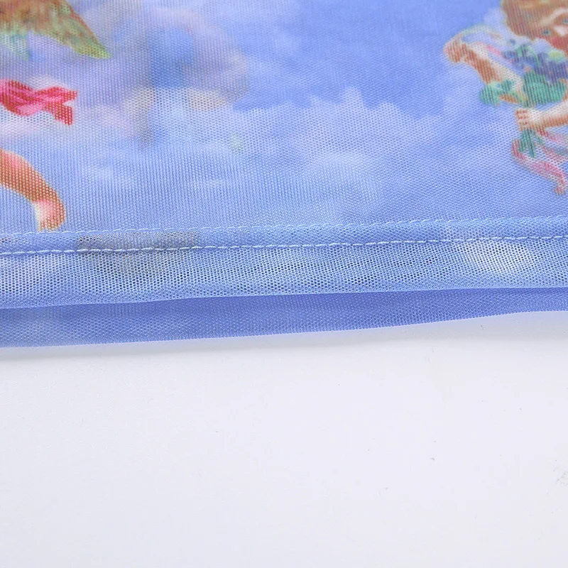 

Blue Turtleneck Short Sleeve Summer T Shirt Woman Slim Body Casual Plus Size Top T Shirts Women Cupid Angel Print Mesh Crop Tops