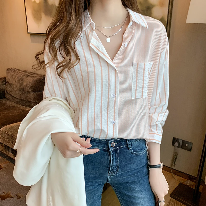 Oversize Women Blouses Shirts Long Sleeve Striped Patchwork Tops Cotton Linen Casual Female Turndown Collar Blusas 2021 #H01