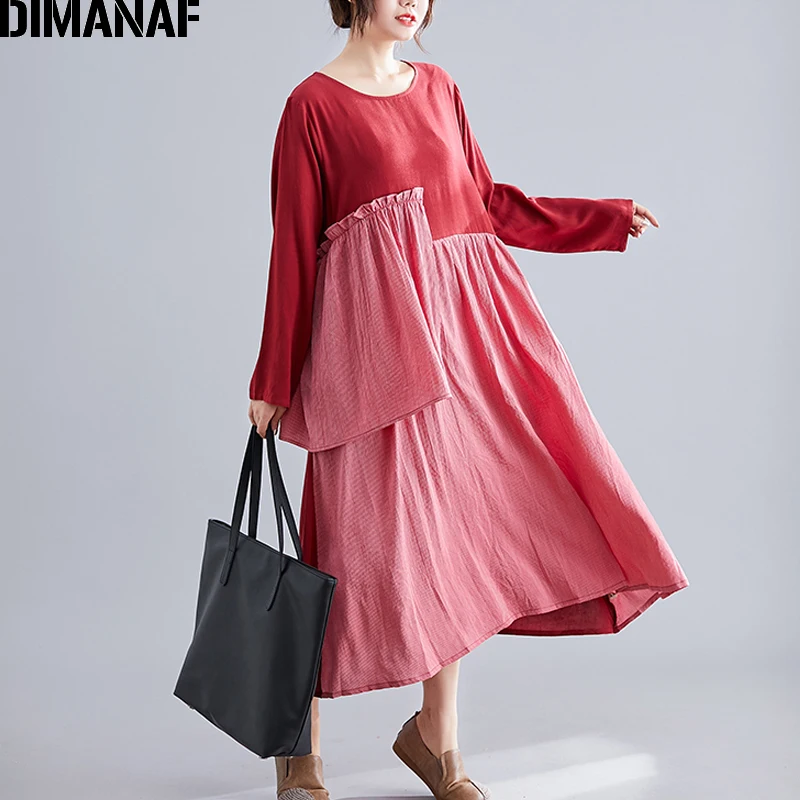 DIMANAF, женское платье, винтажное, размера плюс, осень, Vestidos, хлопок, лен, пэчворк, в полоску, женское, Elegnat, женское платье с длинным рукавом
