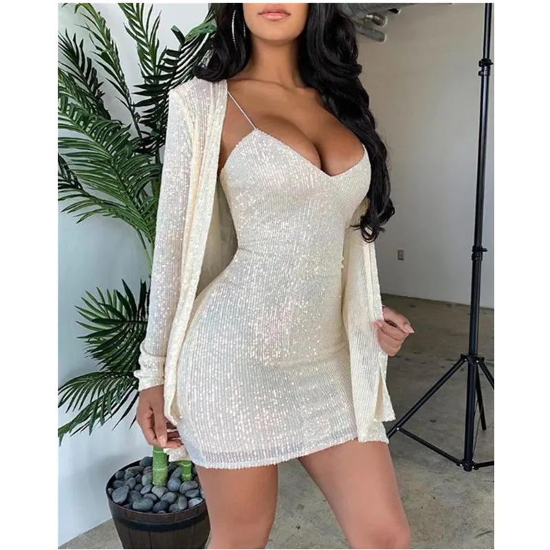 Женский комплект с блестками платье-комбинация v-образным вырезом мини-платье