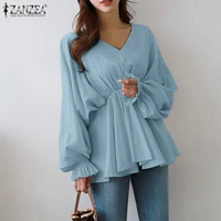women high waist ol blouses fashion puff sleeve shirts zanzea 2022 casual v neck ruffle blusas female solid tunic