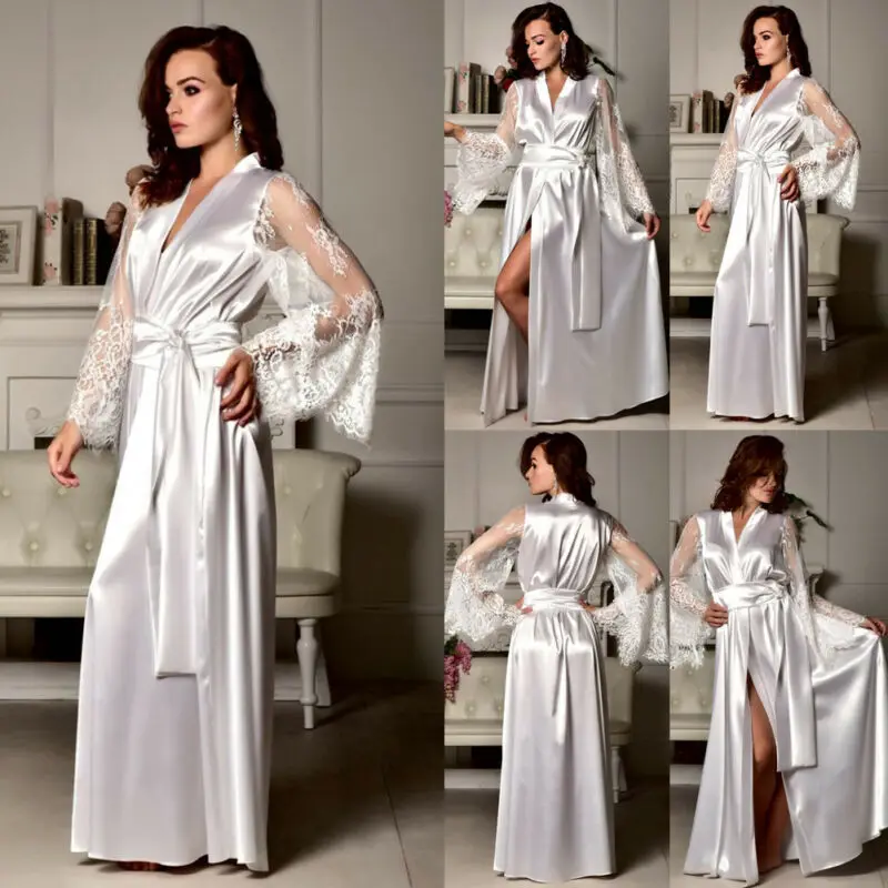 2019 Brand New Women Sexy Sleepwear Nightgown Pajamas Satin Silk Babydoll Hollow Lace Robes Autumn Winter Sleep Dress S-XL | Женская