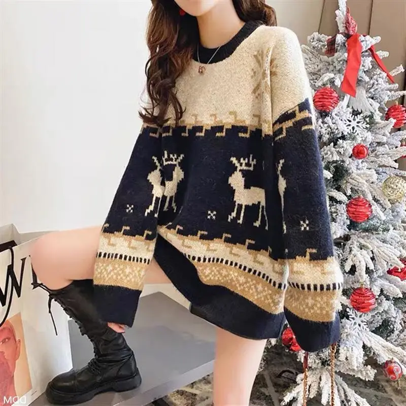 

Autumn and winter new deer lazy sweater loose long sleeve sweater Christmas Pullover Top