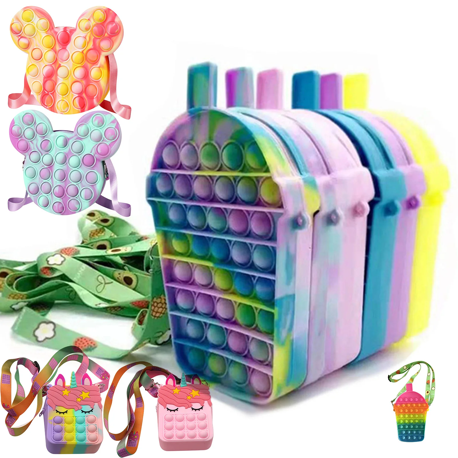 

Силиконовая пузырчатая сумка через плечо для макарона, игрушки-антистресс, снятие стресса, аутизм, сумочка для детей и взрослых, сумочка для...