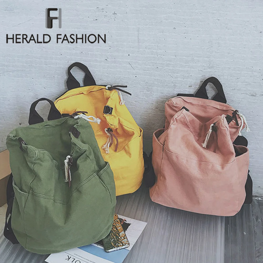 

Herald Fashion Solid Canvas Backpack Women Large Capacity Japan Style Green Travel Bag Teenage Girls Schoolbag New Arrivals