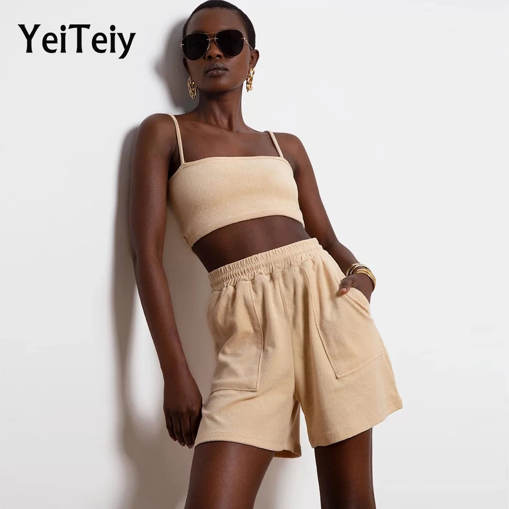

Женский однотонный костюм Yeiteiy из двух предметов, лето 2021, майка, топ, шорты с эластичным поясом, простая и удобная повседневная одежда