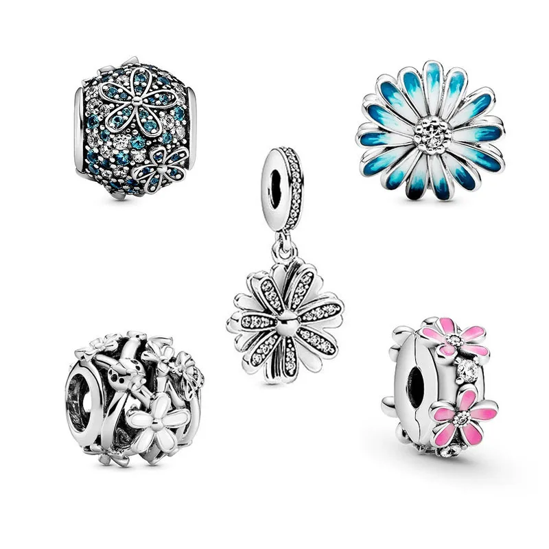 Женский браслет и ожерелье из серебра 925 пробы с синими маргаритками