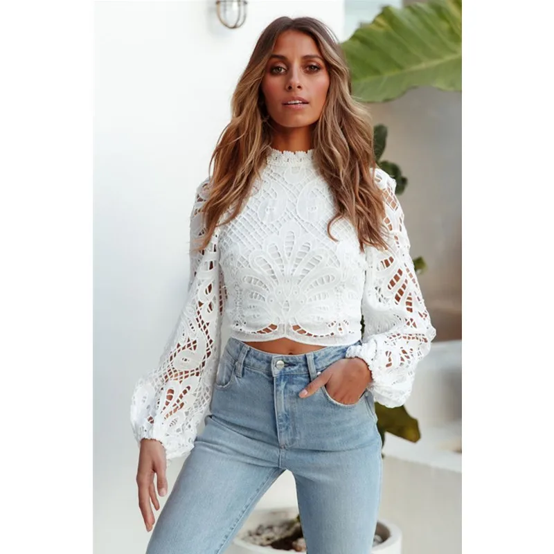 Women Tops and Blouses Long Sleeve Flower Lace Casual Crochet Hollow Out Turtleneck Blouse Female Shirts Elegant Outfits |