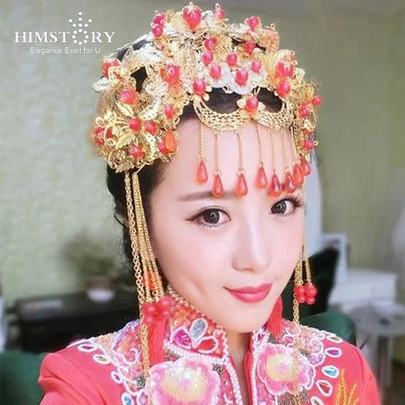 HIMSTORY Китайский традиционный свадебный костюм невесты одежда для волос с длинной