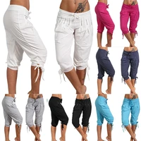 plus size casual womens solid color sequined pleated drawstring capri pants capri pants