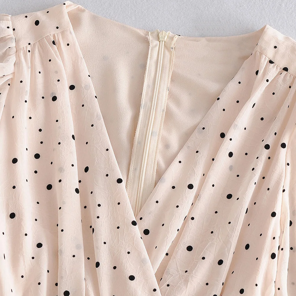 Женское платье рубашка в горошек с V образным вырезом и длинным рукавом|Женские