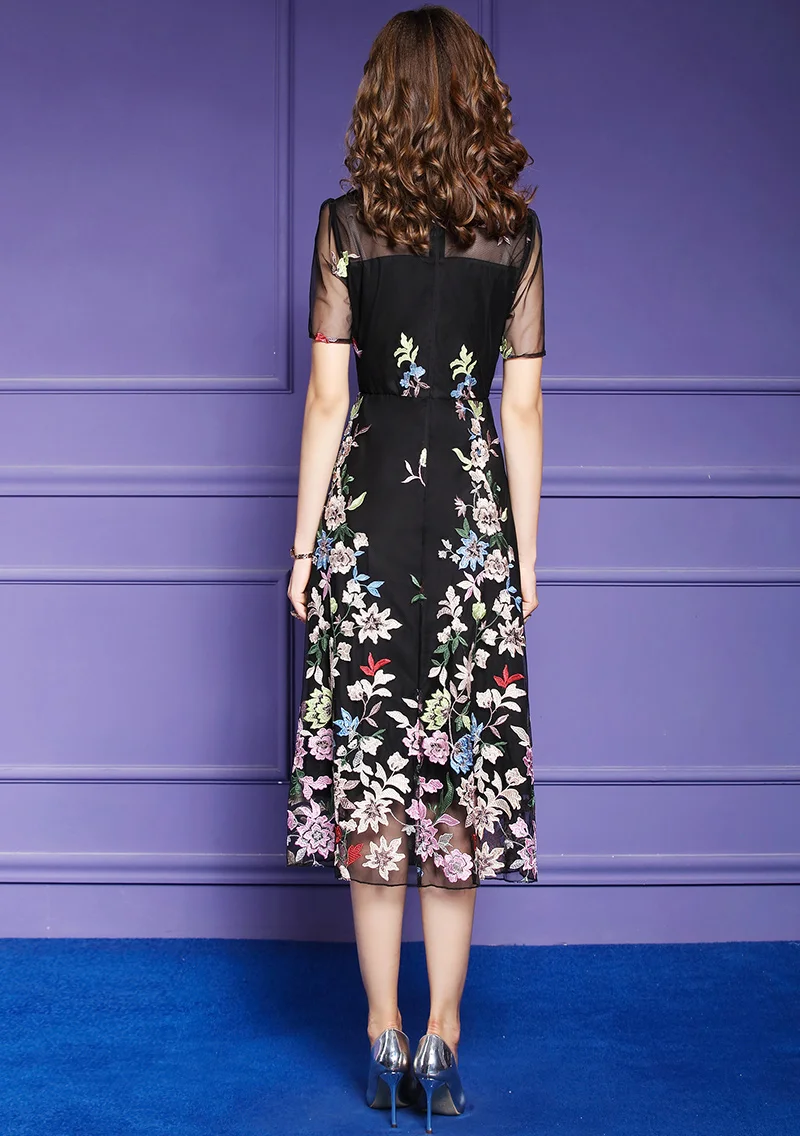 

Fashion Mesh Embroidery 2020 Spring Summer Office Lady Printing Casual Elegant Hollow Out Vintage Round Neck High Waist Dress