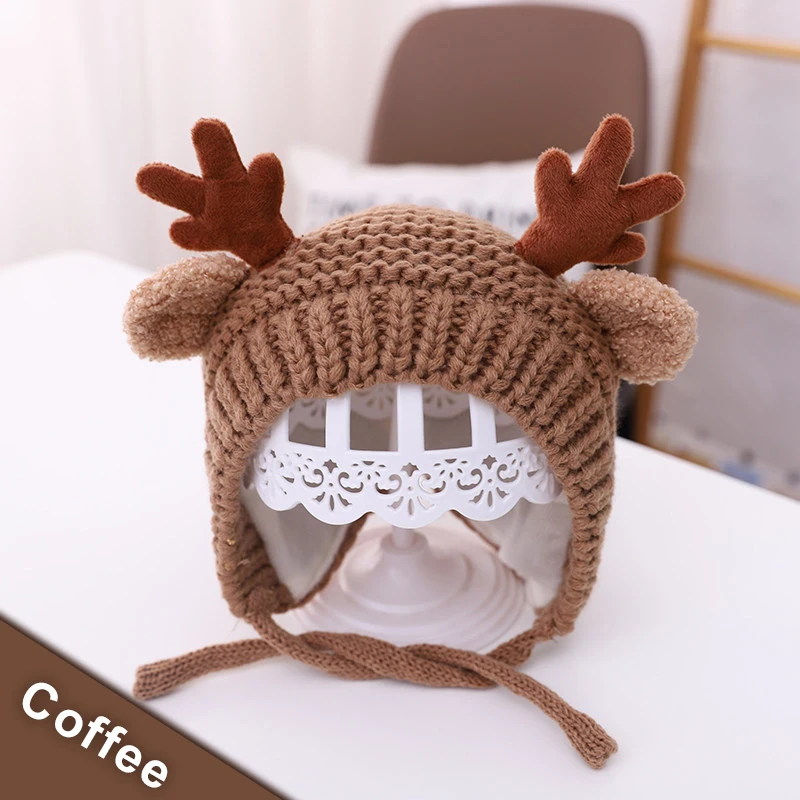 Милая детская шапка с оленем оленьими рогами зимняя теплая плюшевая Вязаная