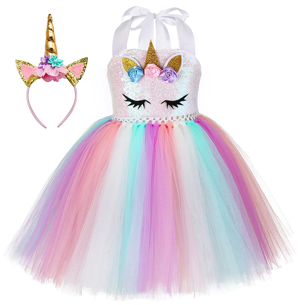 Pastel Sequins Girls Unicorn Tutu Dress Child Birthday Party Pony Costume Outfit Kids Christmas Halloween Carnival | Детская одежда и