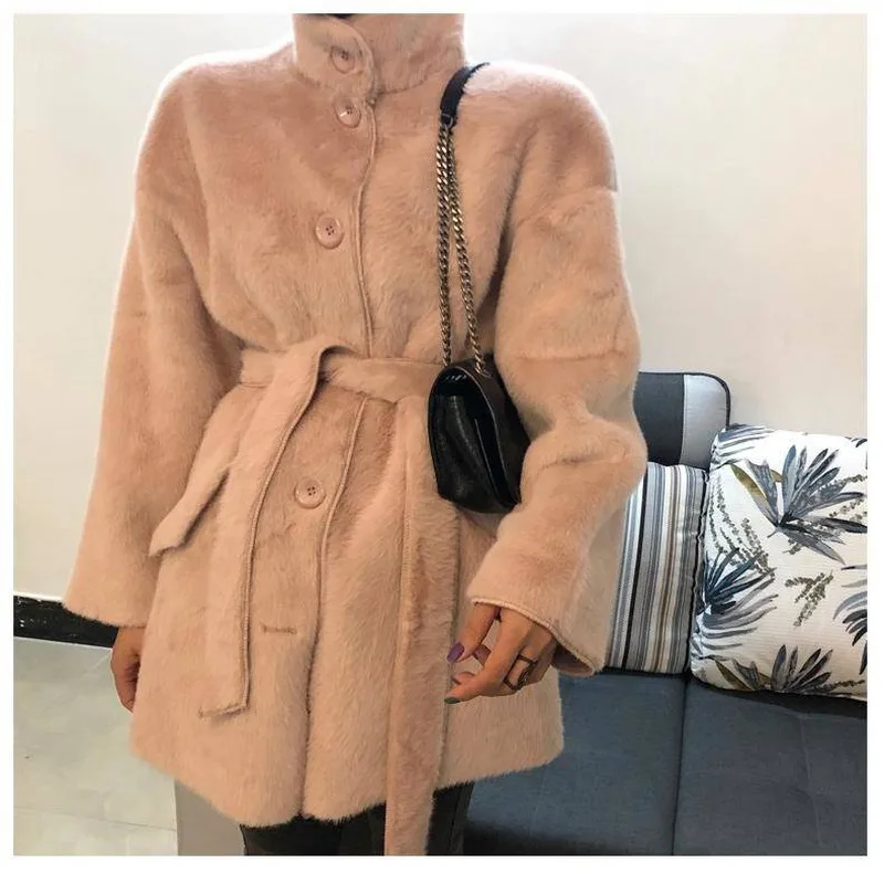 

2021 Autumn and Winter Thick Ladies Fur Jackets Faux Rabbit Fur Waist Belt Fashion Jacket Women's Warm Jacket Office Lady Coat
