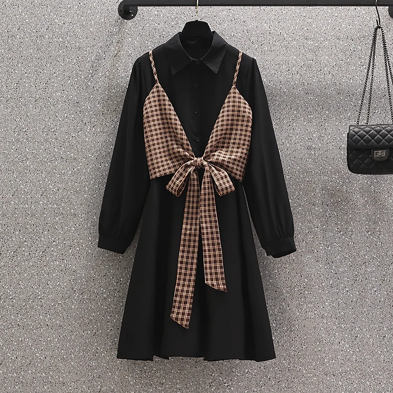 

Oversize 4XLFrench Style Women's Spring and Autumn Shirt Dress Kawaii Bow Fashion Chic Party Dress Vestidos 2-Piece Set