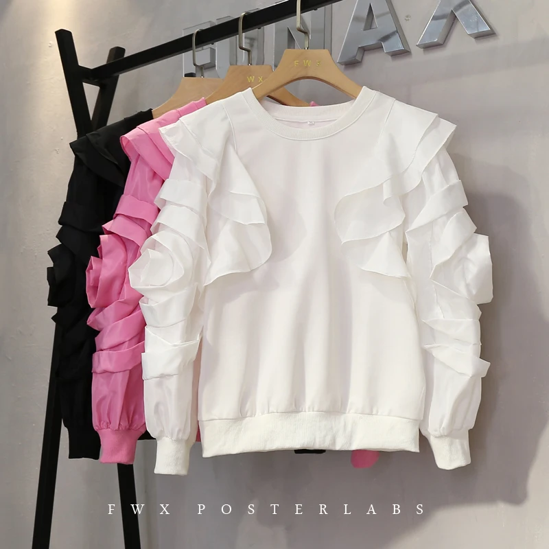 

2021 Autumn New Patchwork Ruffled Flower Loose Round Neck Jumper Pullover Women's Top Fashion Sweatshirt Girls Hoodies Clothing