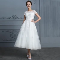 charming tea length a line wedding dress 2021 scoop neck short sleeve lace appliques beadings tulle bridal gowns