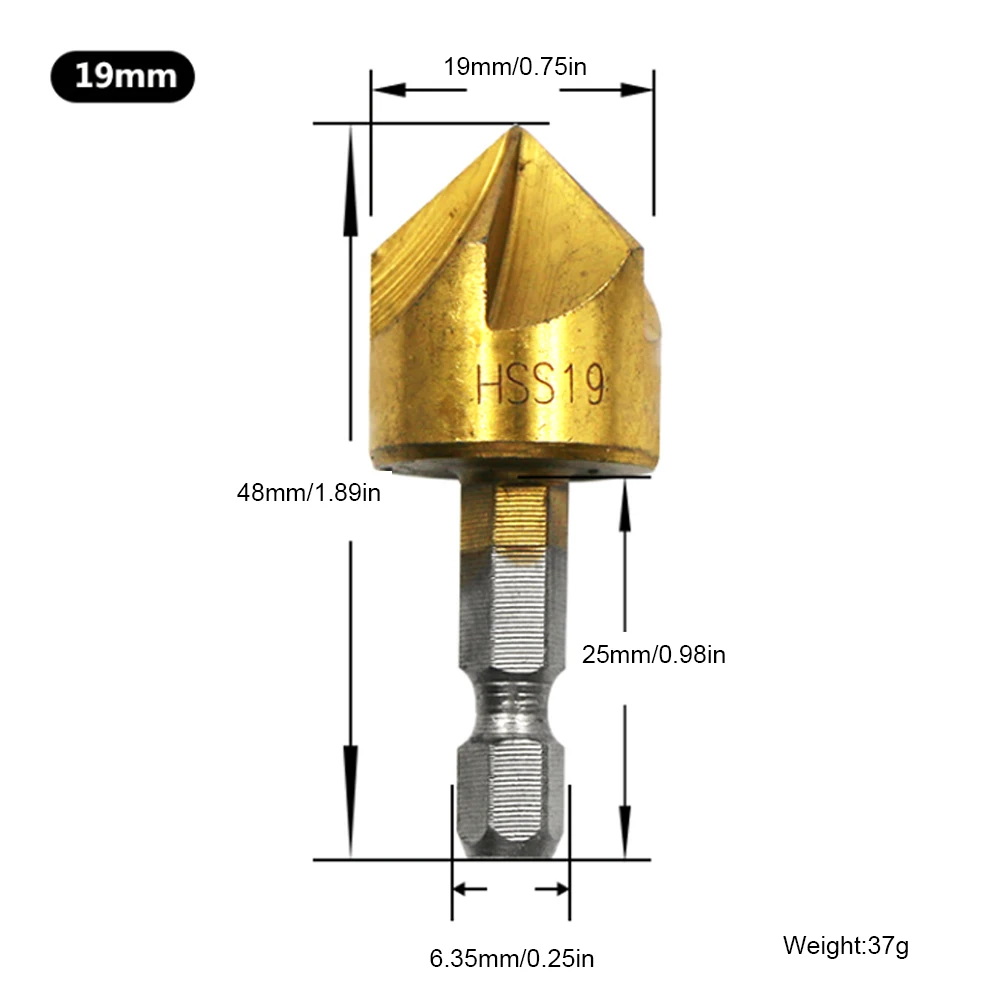 

3PCS 5 Flute Chamfer Countersink Drill Bit 1/4" Hex Shank HSS 90-degree Wood Chamfering Cutter 12/16/19mm