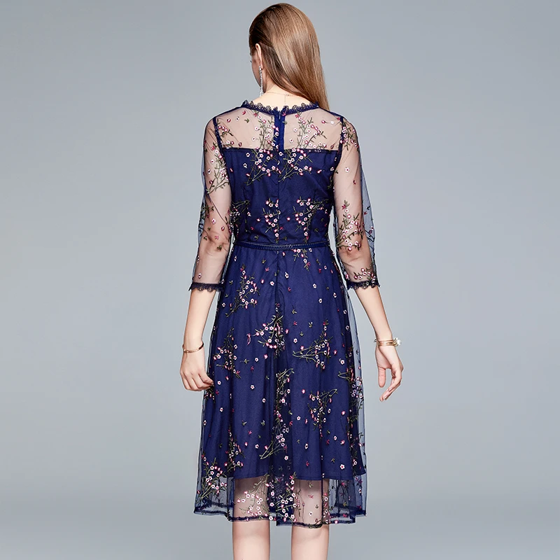 

Embroidery Mesh Gauze Summer Style Dresses Women Polyester Chiffon Vintage O-Neck 2021 Women Fashion Clothing French Dresses