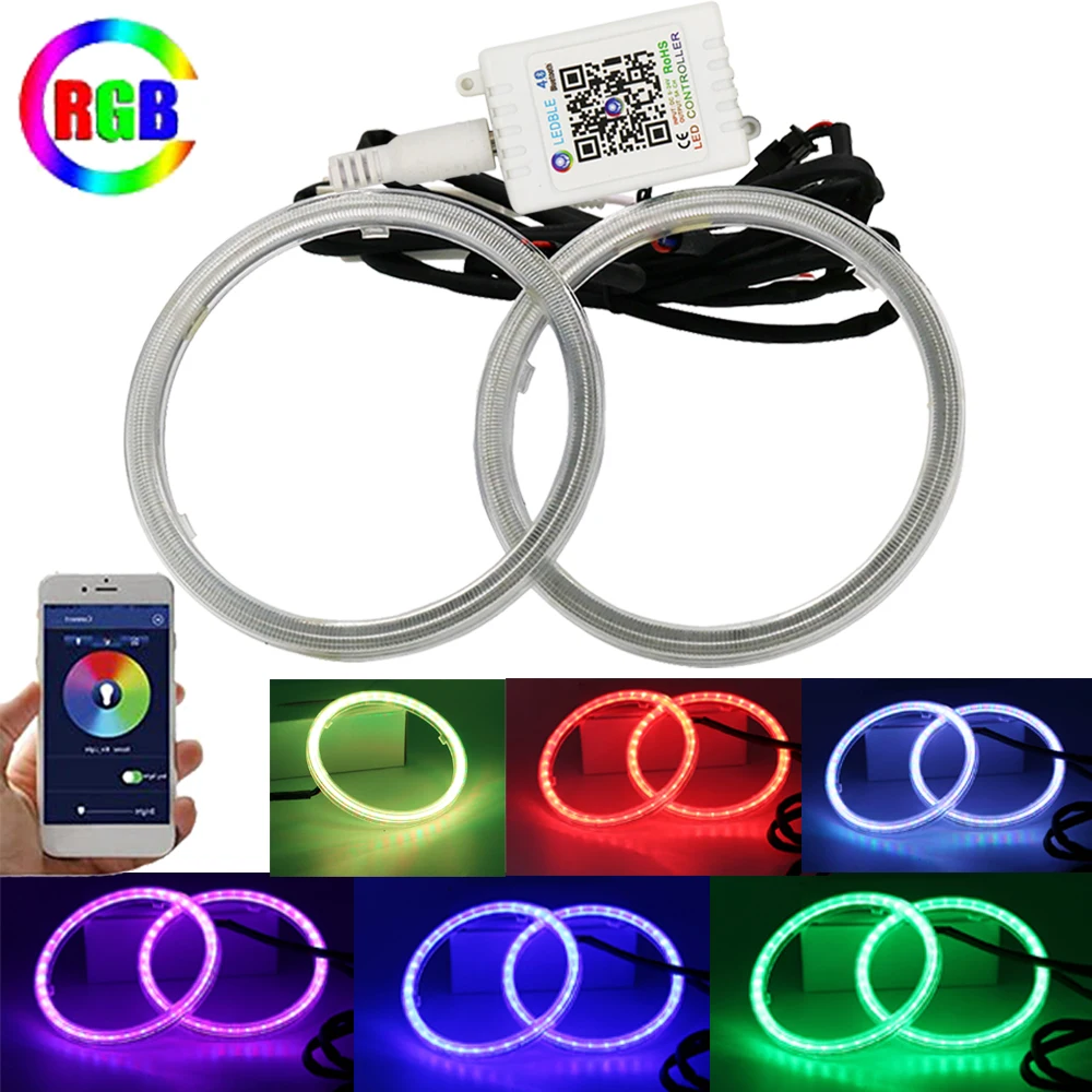 

2PCS Car Rings COB RGB 60MM 70MM 80MM 90MM 95MM 100MM 110MM 120MM LED Halo Rings Headlight Car Angel Eyes Mobile APP With Cover