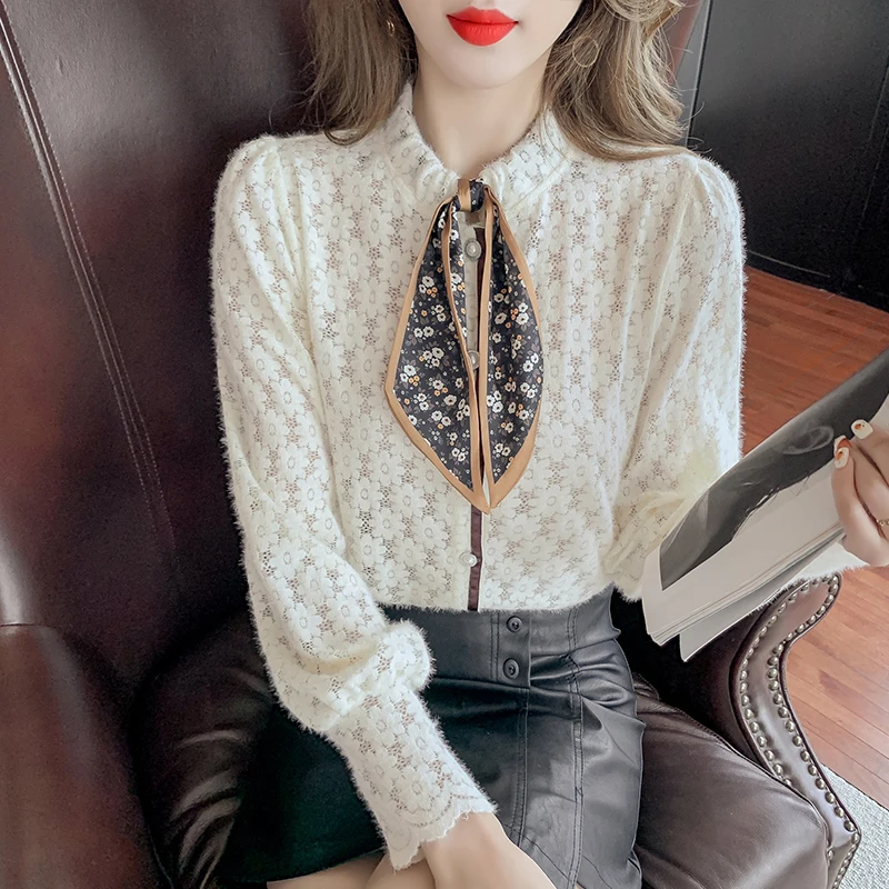 

Блузка женская с длинным рукавом, однотонная кружевная прямая офисная рубашка с воротником-стойкой и поясом, осень 2021