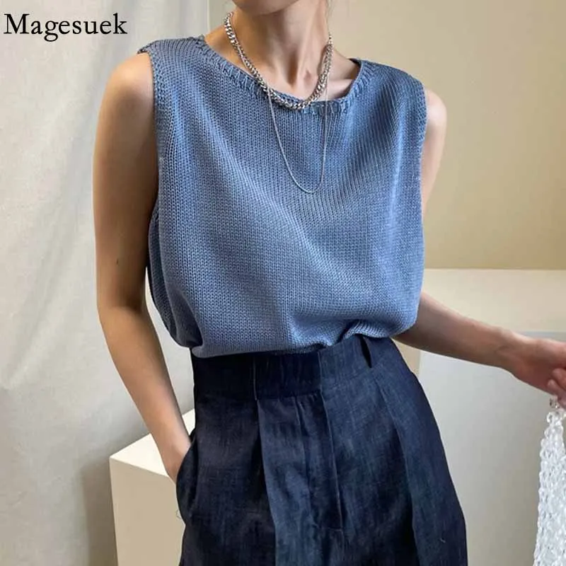 

Korean Retro Summer Knitted Vest Women Casual Sleeveless Woman Tops 2022 O Neck Pullover Sweater Loose Female Clothing 15520