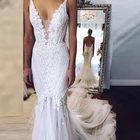 Кружевное свадебное платье-русалка, с открытой спиной, с глубоким вырезом, без рукавов, аппликация на свадебные платья