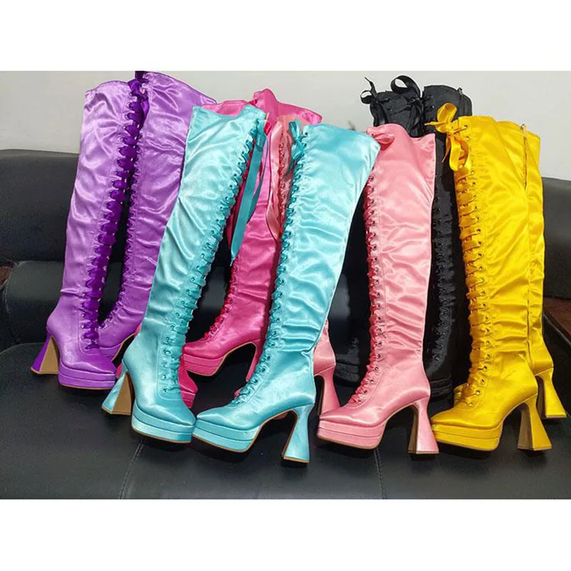 

Luxury Satin Over The Knee Boots Women Square Toe Platform High Heels Boots Femme Yellow Blue Chic Design Long Boots