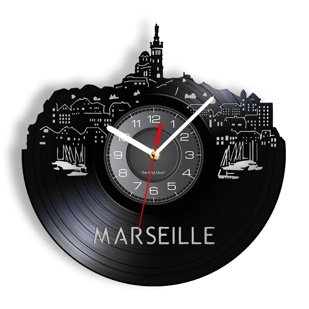 

French Marseille Cityscape Vinyl Album Re-purposed Record Clock City Of France Landmark Shadow Art Wall Watch Unique Home Decor