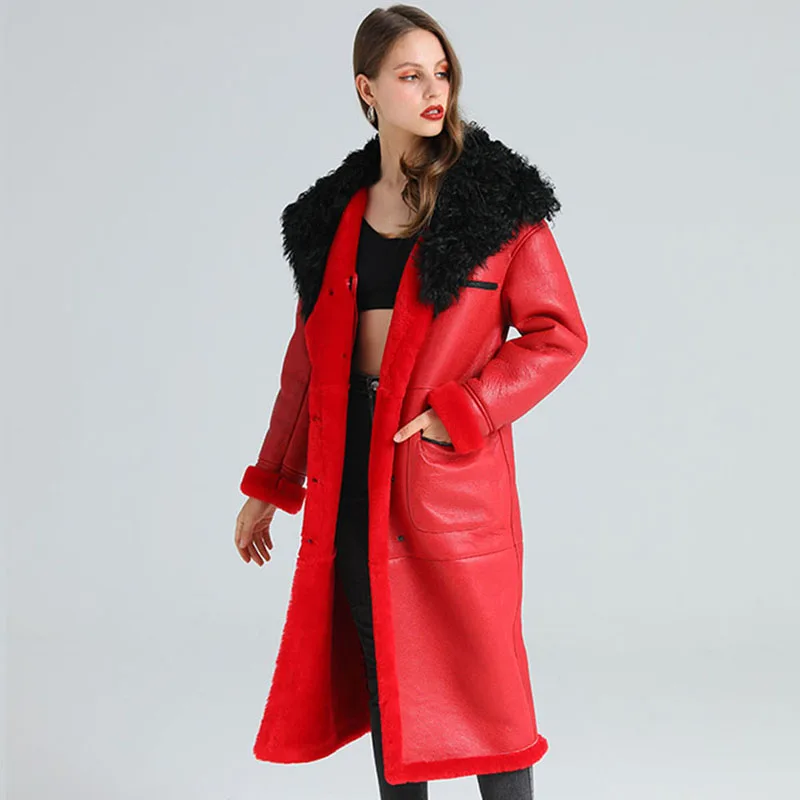 Red Extra Long Real Sheepskin Shearling Fur Coat Women Fashion Winter Thicken Warm Natural Fur Clothing
