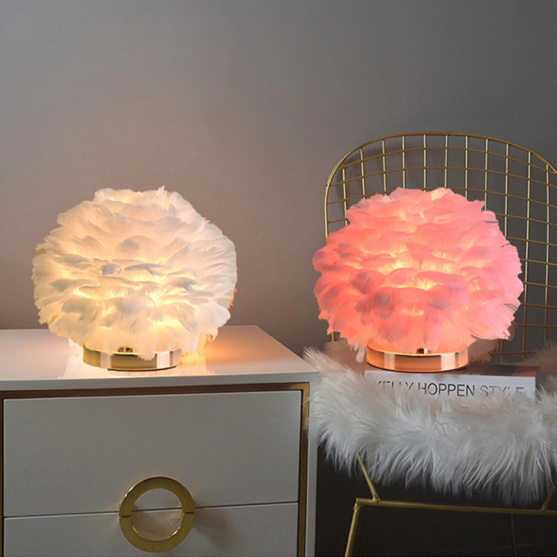 

Nature White Pink Feather Table Light Remote Control Dimming Bedroom Bedside Lamps for Study Wedding LED Decorative Lighting