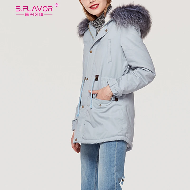 S. FLAVOR женское осеннее зимнее повседневное теплое пальто с меховым капюшоном