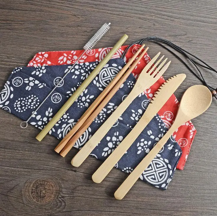 

100sets Japanese Bamboo Cutlery Set Bamboo Cutlery Straw Cutlery Set with Cloth Bag Kitchen Cooking Tools Wholesale
